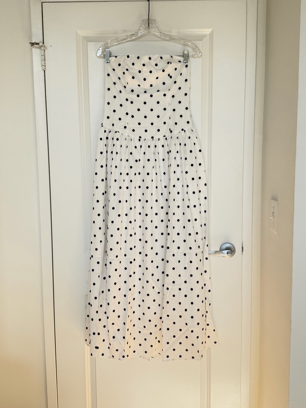 Amazon Strapless White Dress with Black Polka Dots